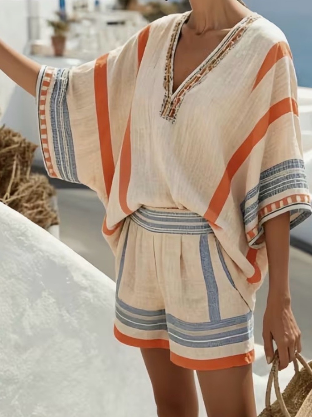 Lightweight Cream Tunic & Shorts Set with Orange and Blue Stripe